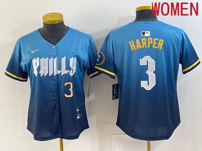 Women Philadelphia Philies 3 Bryce Harper Nike Blue 2024 City Connect Limited Player Jersey style 4